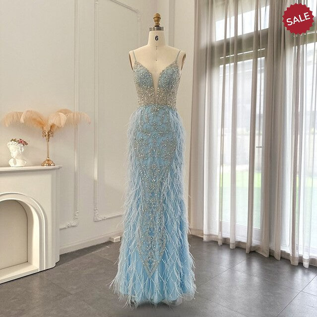 Luxury Feathers Mermaid Champagne Evening Dresses for Women Wedding Spaghetti Straps Prom Formal Gowns SS374