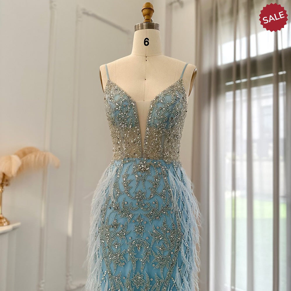 Luxury Feathers Mermaid Champagne Evening Dresses for Women Wedding Spaghetti Straps Prom Formal Gowns SS374