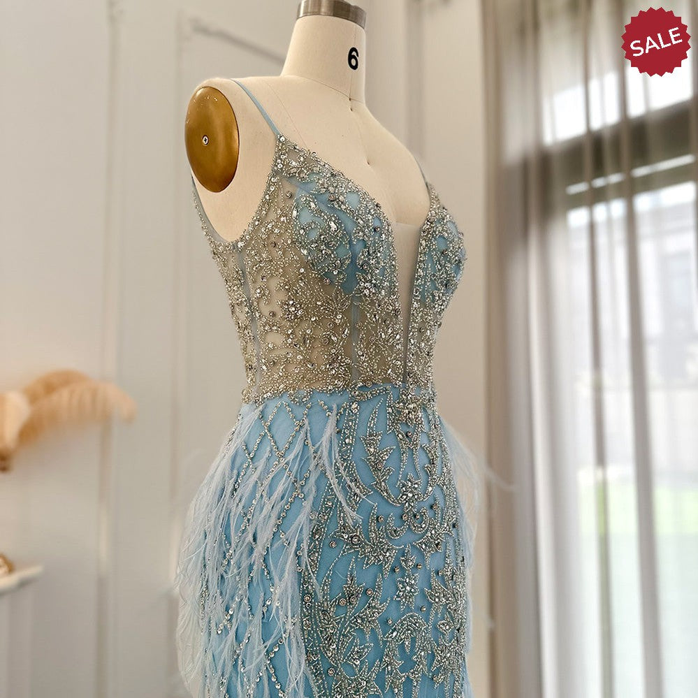 Luxury Feathers Mermaid Champagne Evening Dresses for Women Wedding Spaghetti Straps Prom Formal Gowns SS374