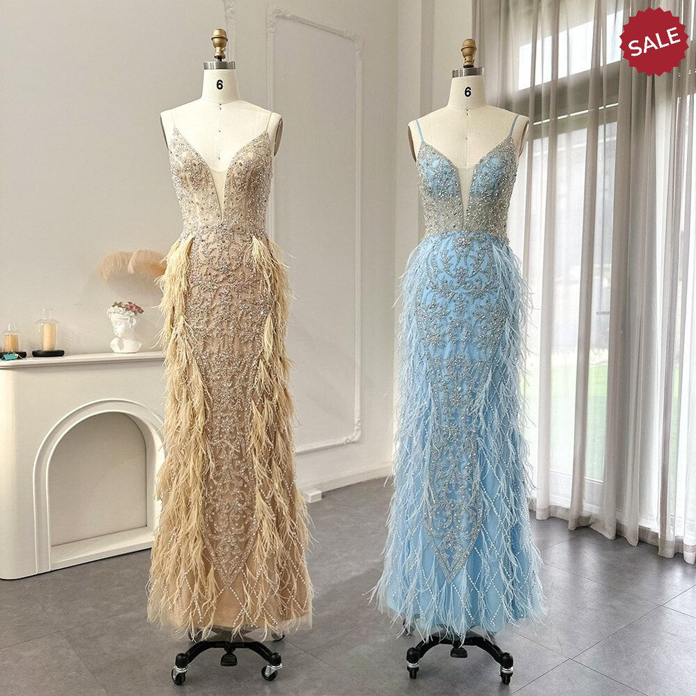 Luxury Feathers Mermaid Champagne Evening Dresses for Women Wedding Spaghetti Straps Prom Formal Gowns SS374