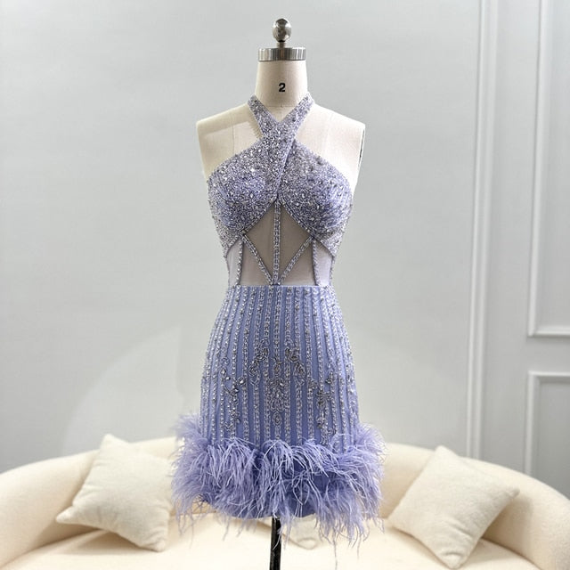 Luxury Feathers Nude Short Mini Cocktail Prom Dresses for Women Wedding Halter Lilac Homecoming Party Gowns SS172