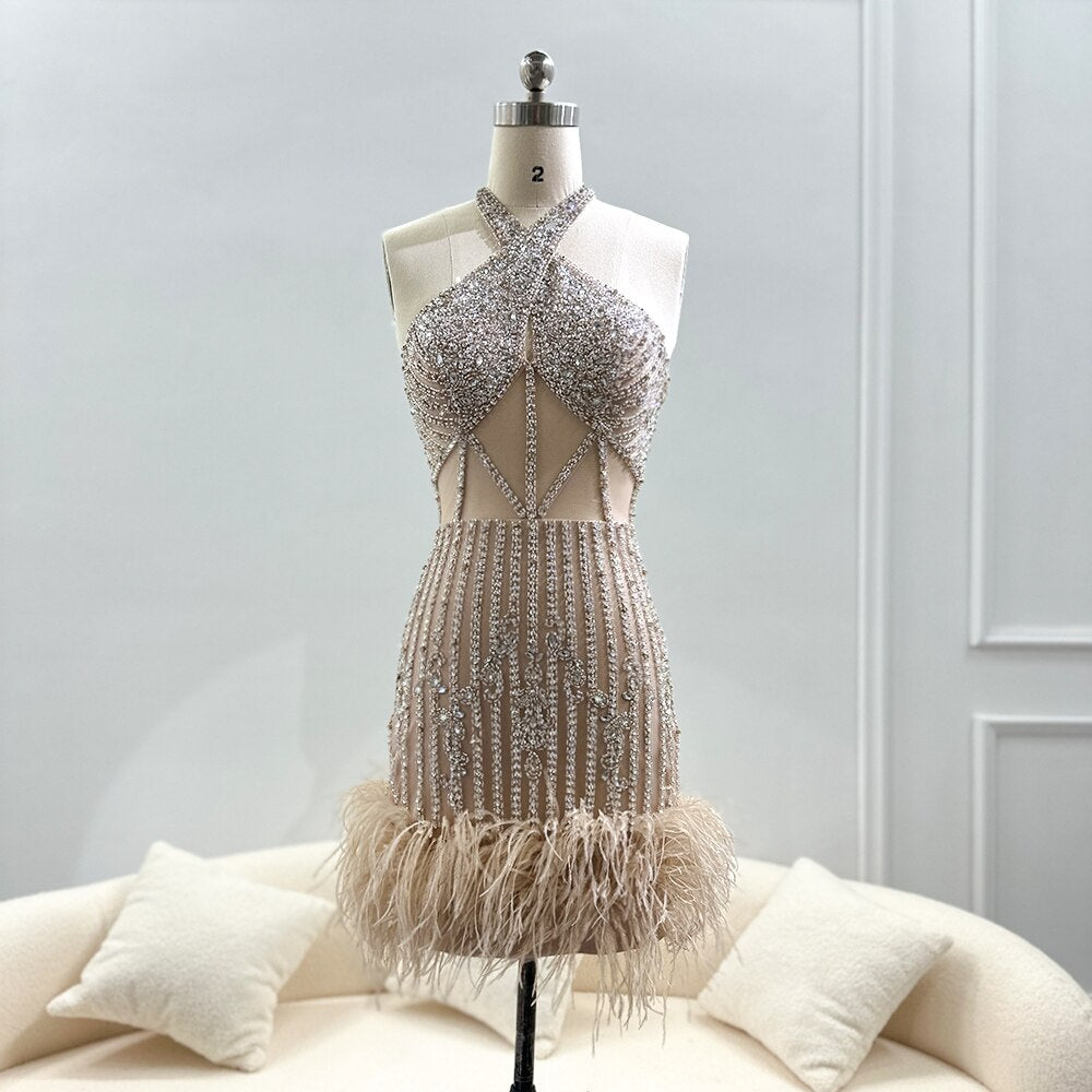 Luxury Feathers Nude Short Mini Cocktail Prom Dresses for Women Wedding Halter Lilac Homecoming Party Gowns SS172