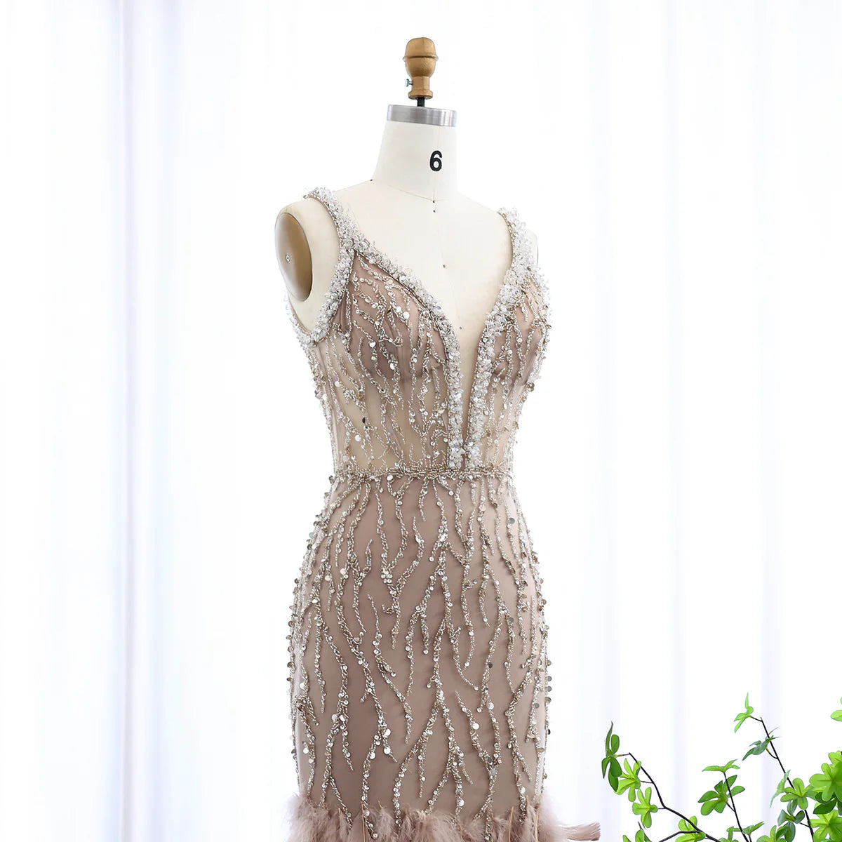 Luxury Feathers Pink Mermaid Evening Dresses for Women Wedding V-Neck Blue Side Slit Long Prom Party Dress SS184