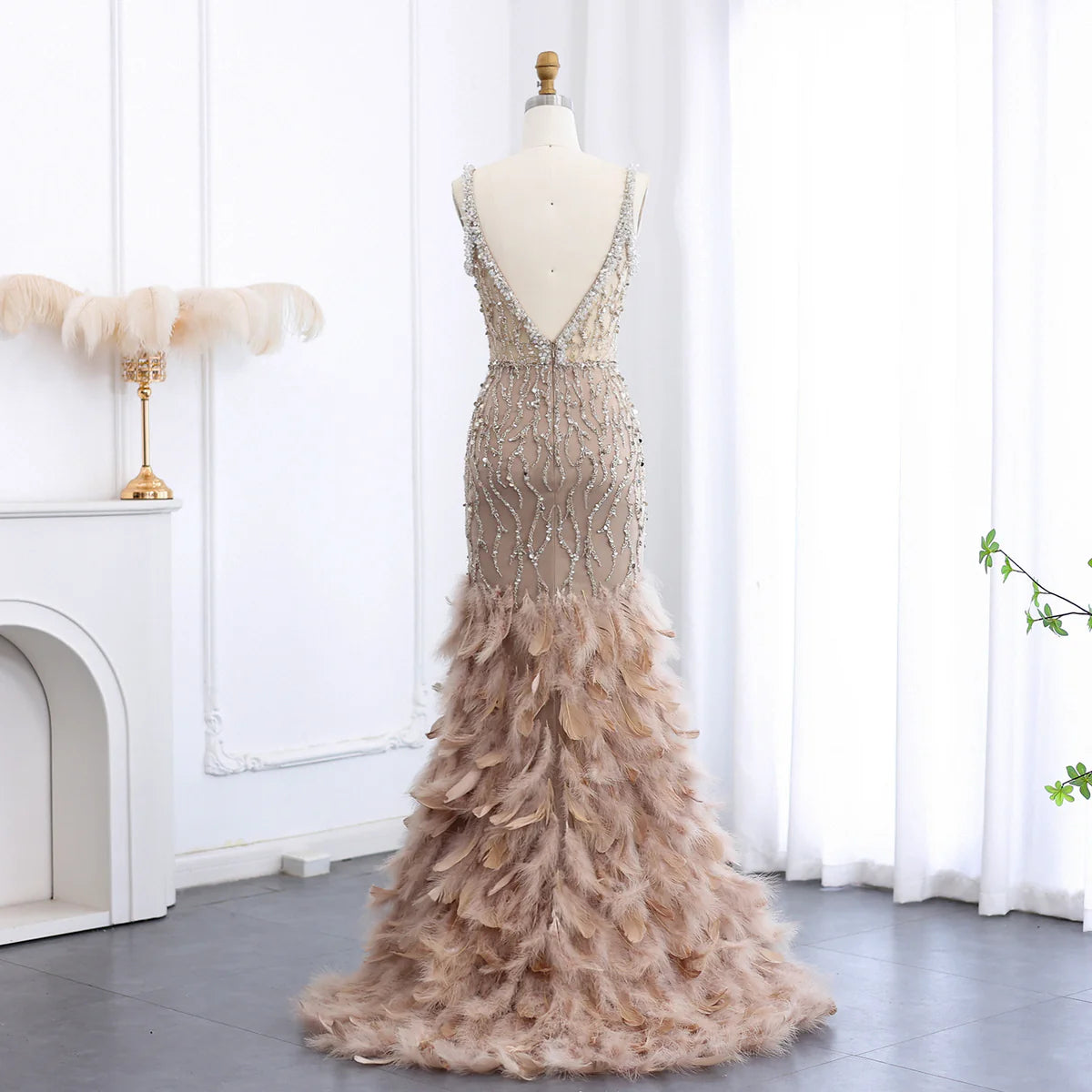 Luxury Feathers Pink Mermaid Evening Dresses for Women Wedding V-Neck Blue Side Slit Long Prom Party Dress SS184
