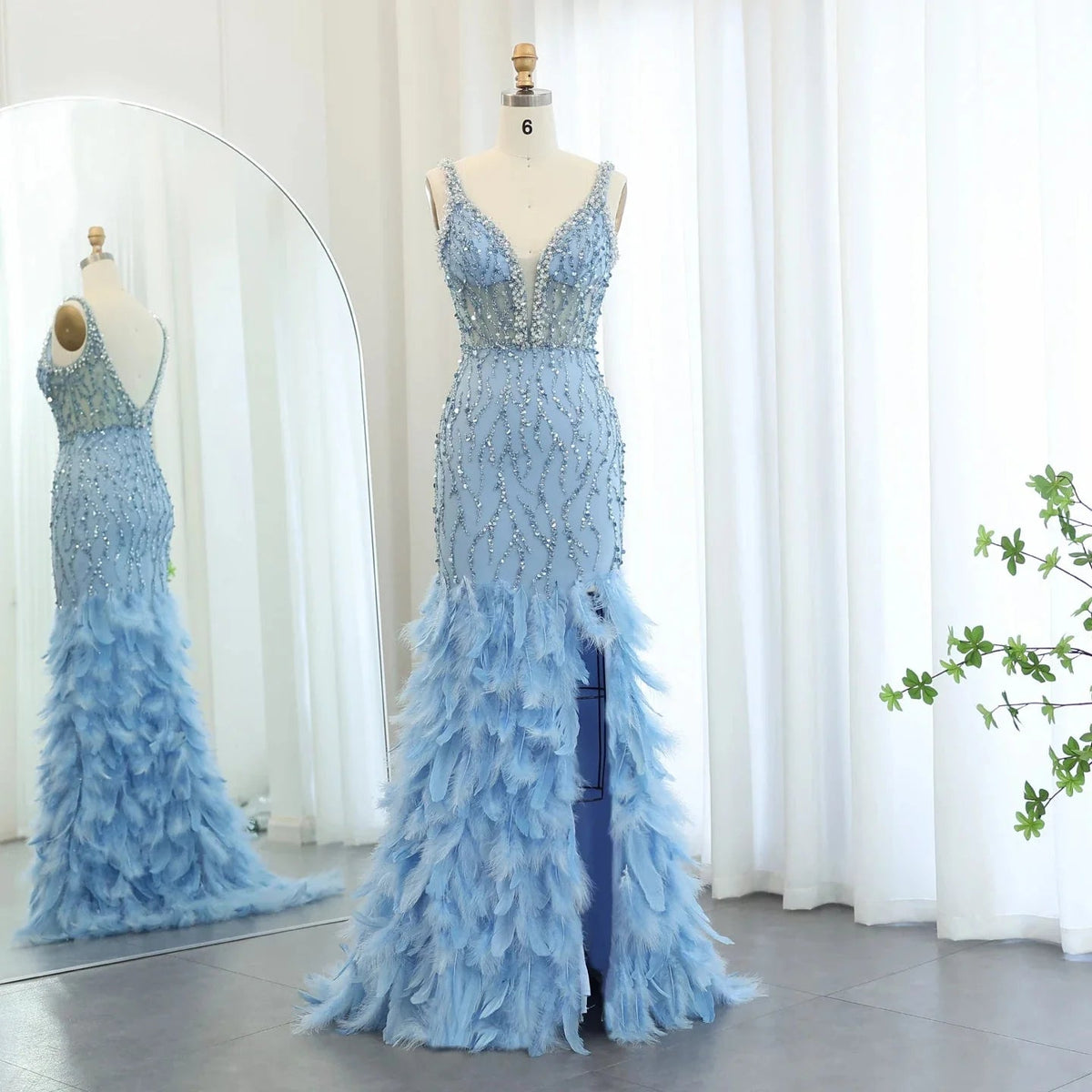 Luxury Feathers Pink Mermaid Evening Dresses for Women Wedding V-Neck Blue Side Slit Long Prom Party Dress SS184