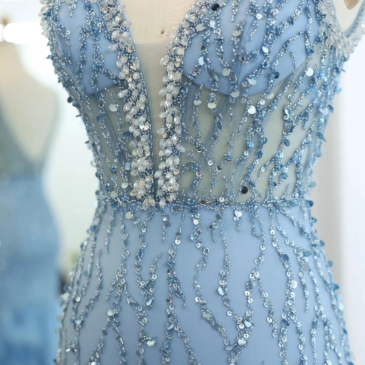 Luxury Feathers Pink Mermaid Evening Dresses for Women Wedding V-Neck Blue Side Slit Long Prom Party Dress SS184