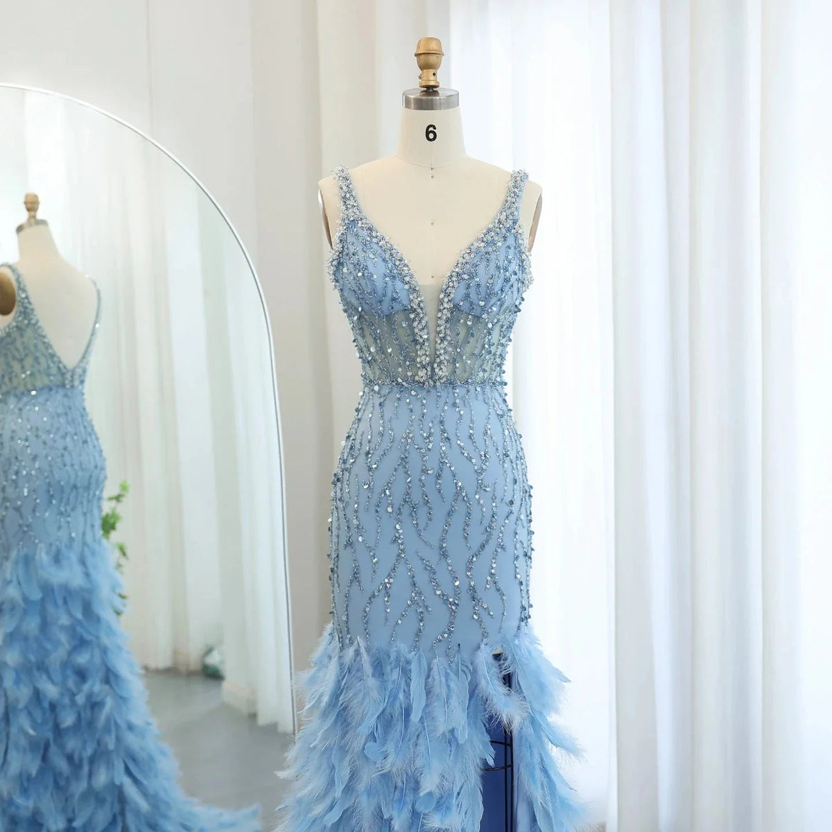 Luxury Feathers Pink Mermaid Evening Dresses for Women Wedding V-Neck Blue Side Slit Long Prom Party Dress SS184
