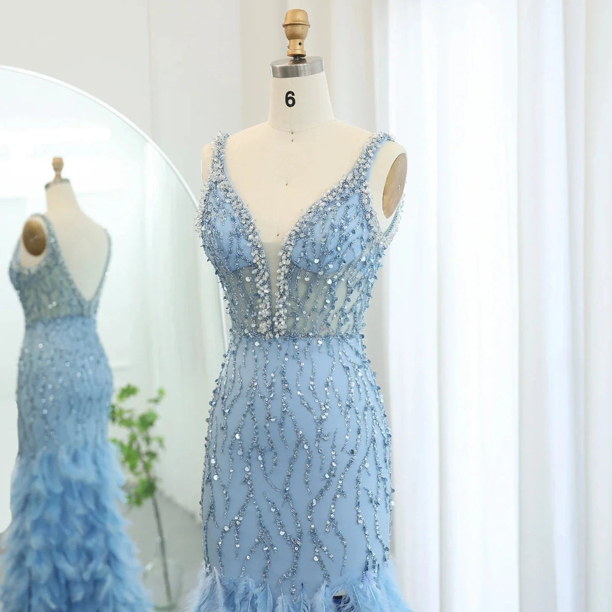 Luxury Feathers Pink Mermaid Evening Dresses for Women Wedding V-Neck Blue Side Slit Long Prom Party Dress SS184