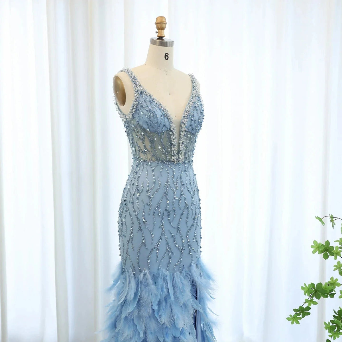 Luxury Feathers Pink Mermaid Evening Dresses for Women Wedding V-Neck Blue Side Slit Long Prom Party Dress SS184