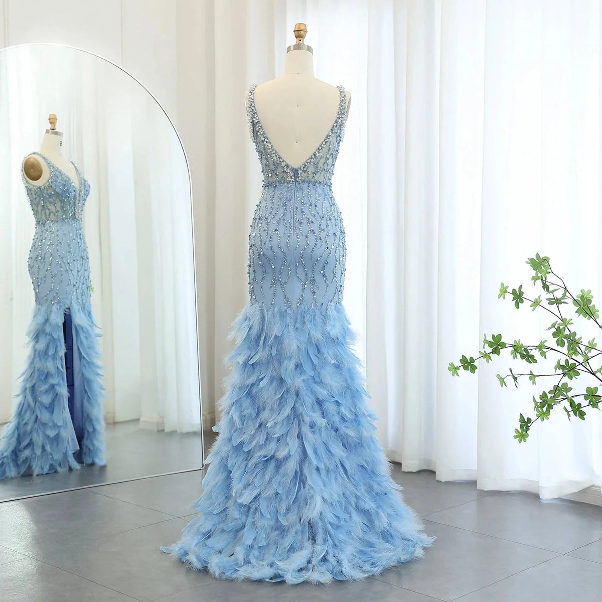Luxury Feathers Pink Mermaid Evening Dresses for Women Wedding V-Neck Blue Side Slit Long Prom Party Dress SS184