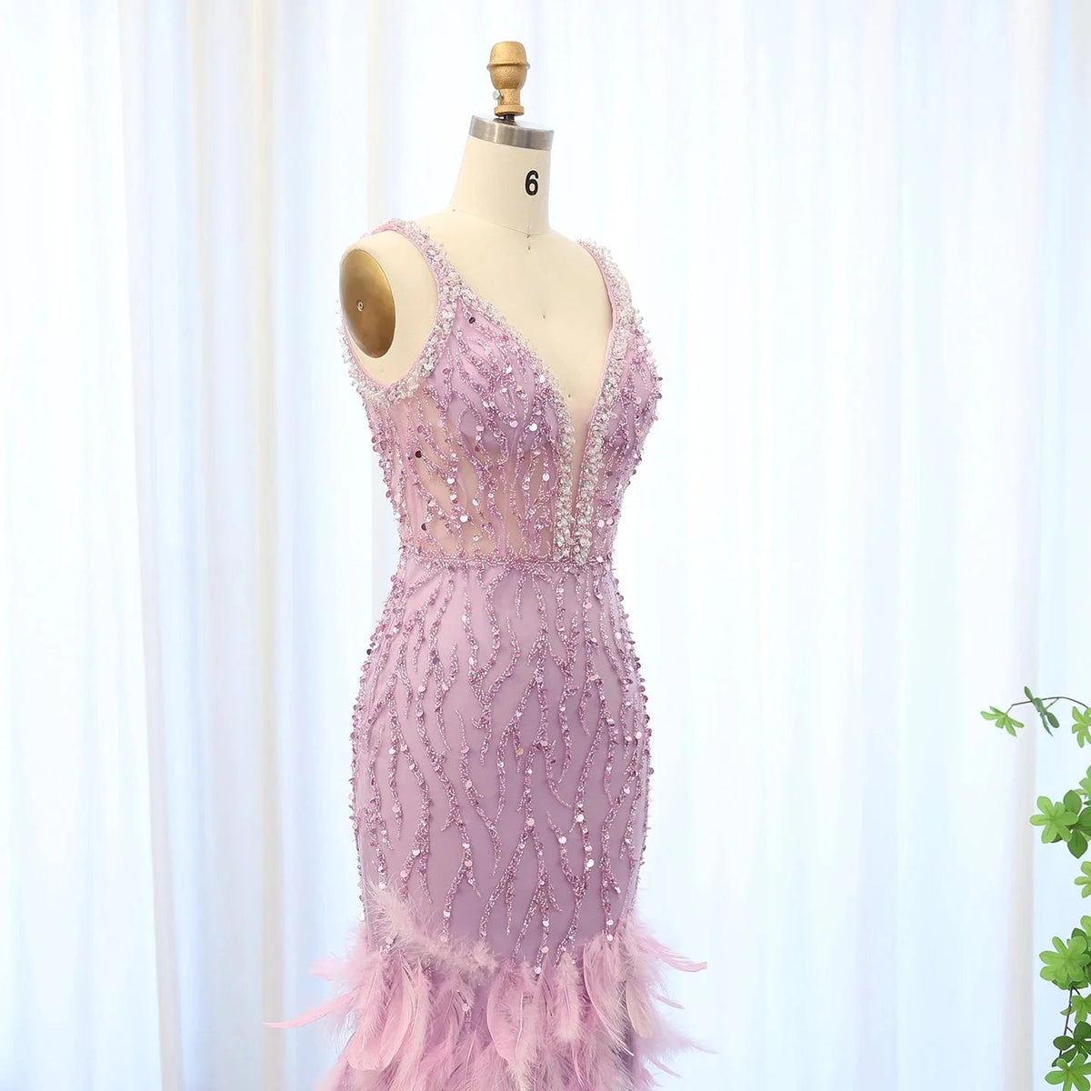 Luxury Feathers Pink Mermaid Evening Dresses for Women Wedding V-Neck Blue Side Slit Long Prom Party Dress SS184