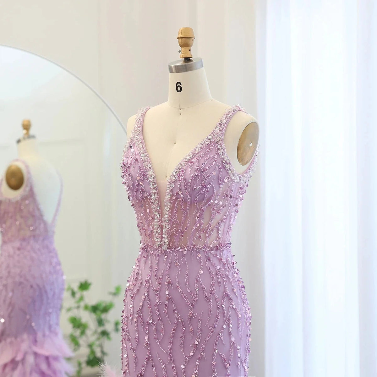 Luxury Feathers Pink Mermaid Evening Dresses for Women Wedding V-Neck Blue Side Slit Long Prom Party Dress SS184