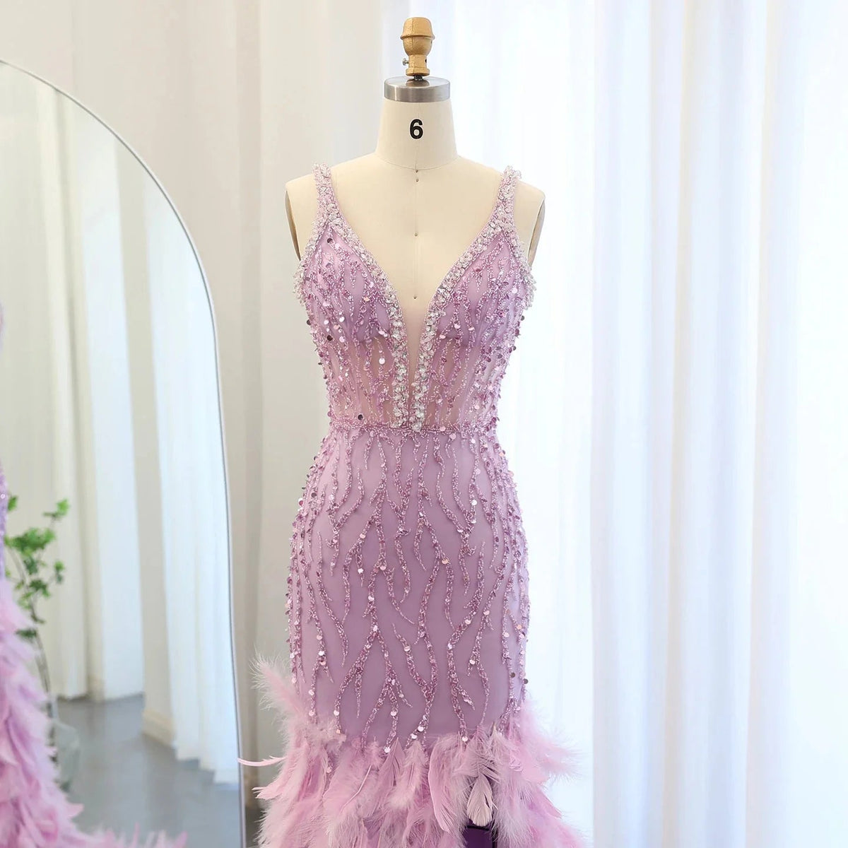 Luxury Feathers Pink Mermaid Evening Dresses for Women Wedding V-Neck Blue Side Slit Long Prom Party Dress SS184