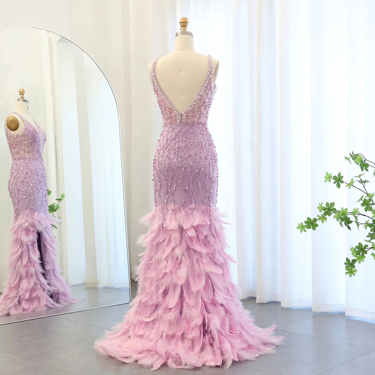 Luxury Feathers Pink Mermaid Evening Dresses for Women Wedding V-Neck Blue Side Slit Long Prom Party Dress SS184