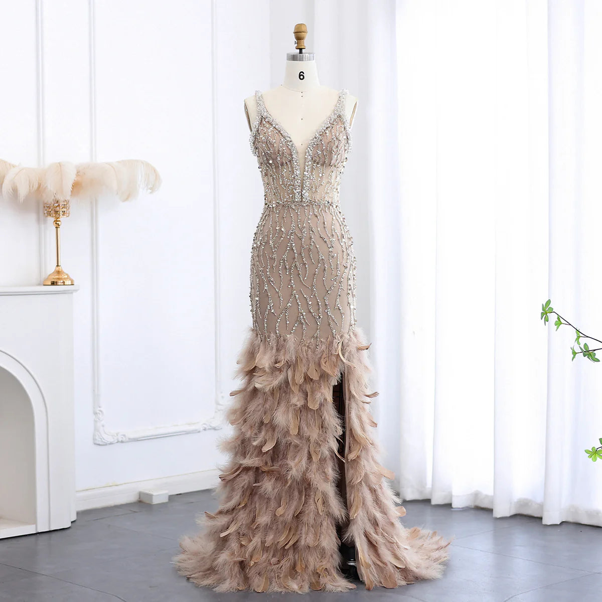 Luxury Feathers Pink Mermaid Evening Dresses for Women Wedding V-Neck Blue Side Slit Long Prom Party Dress SS184