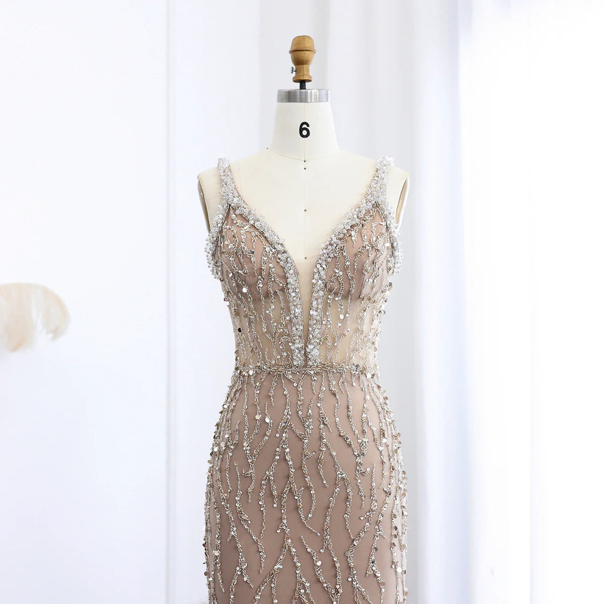 Luxury Feathers Pink Mermaid Evening Dresses for Women Wedding V-Neck Blue Side Slit Long Prom Party Dress SS184
