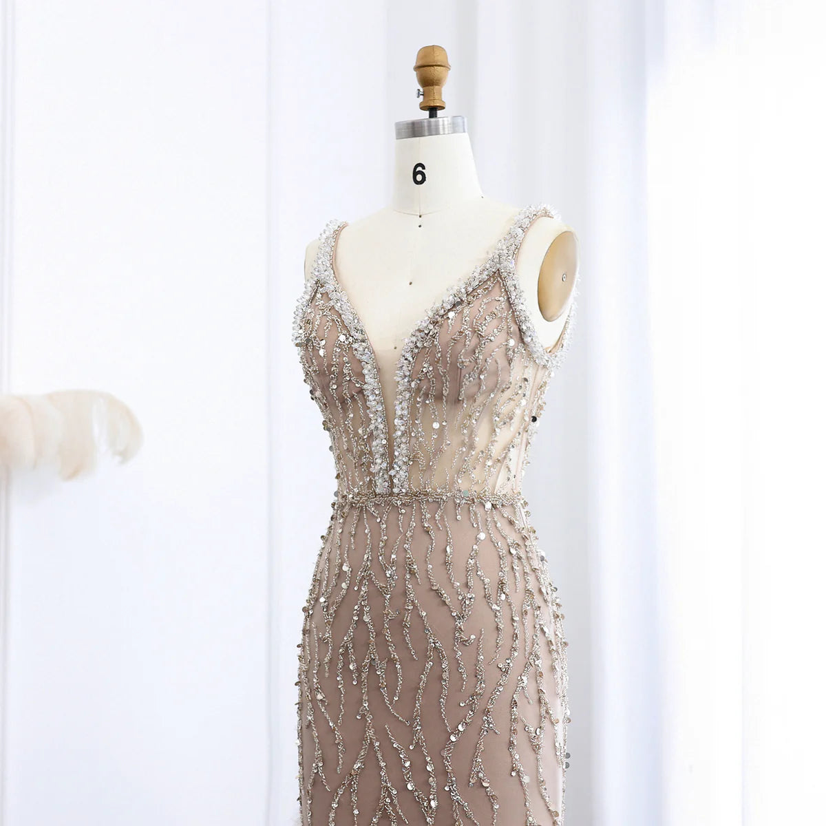 Luxury Feathers Pink Mermaid Evening Dresses for Women Wedding V-Neck Blue Side Slit Long Prom Party Dress SS184