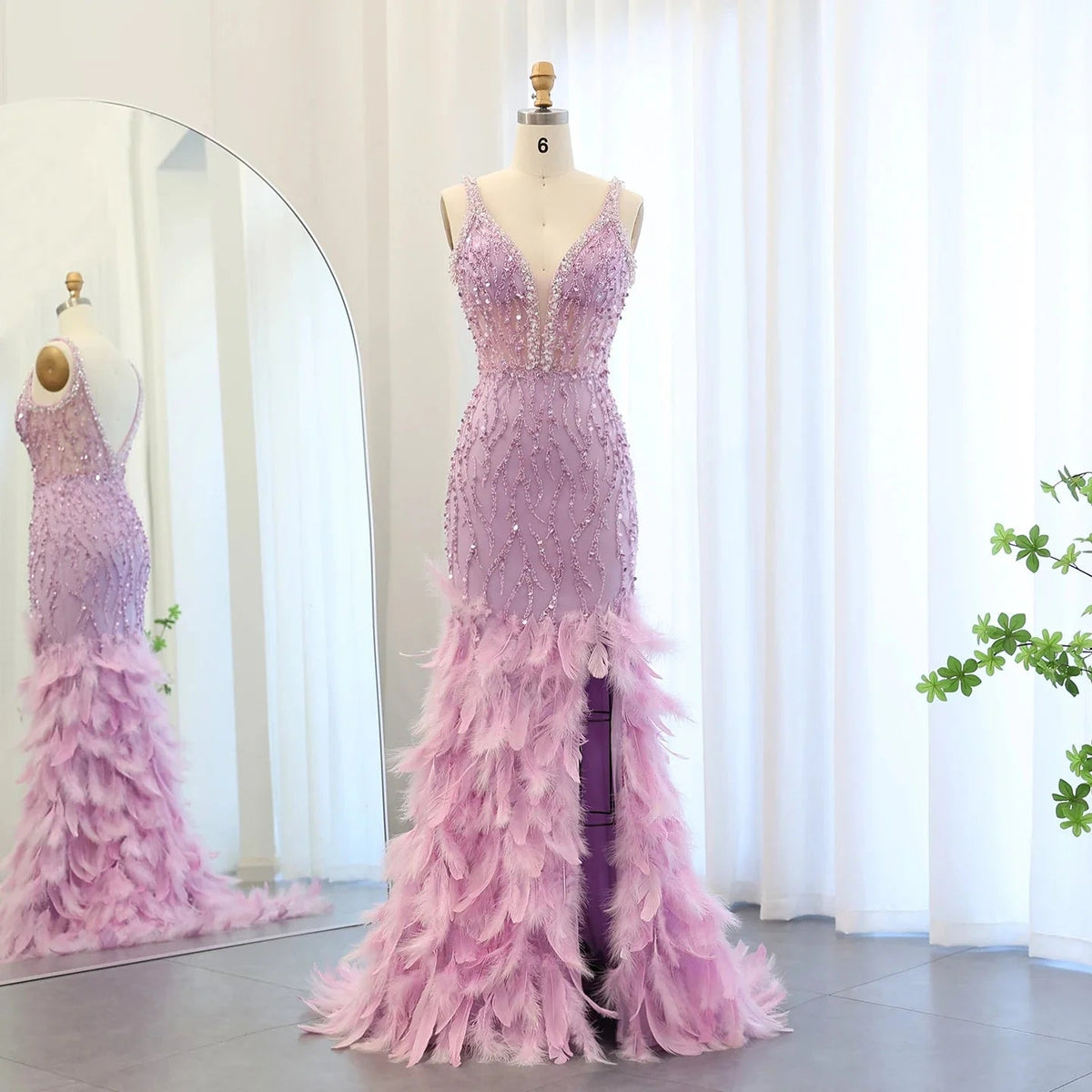 Luxury Feathers Pink Mermaid Evening Dresses for Women Wedding V-Neck Blue Side Slit Long Prom Party Dress SS184