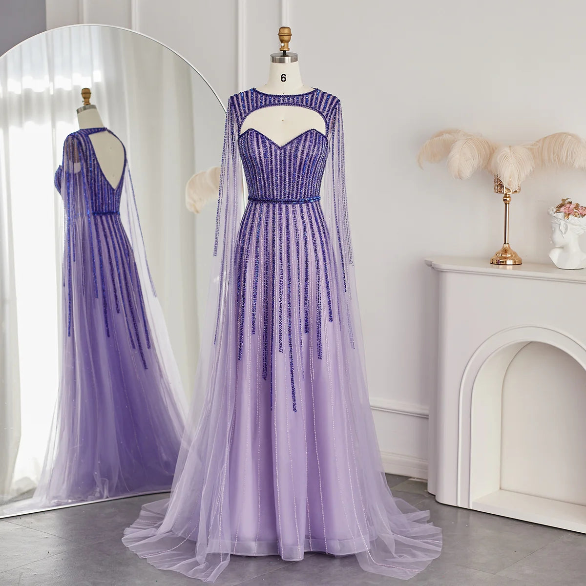 Luxury Fuchsia Evening Dress with Cape Sleeves SS386