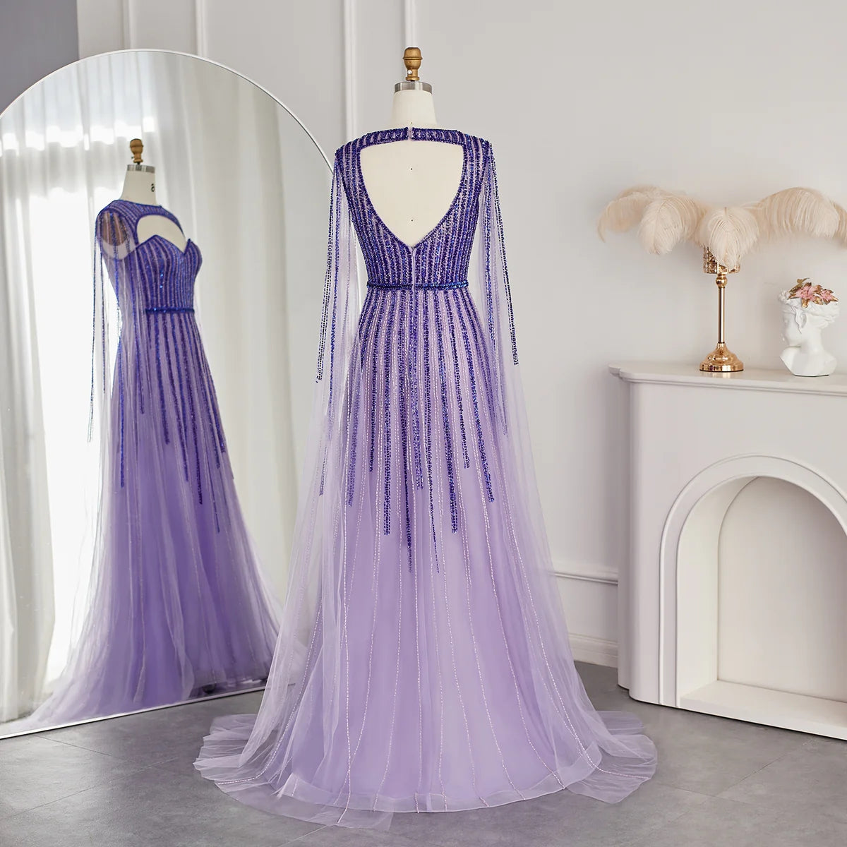Luxury Fuchsia Evening Dress with Cape Sleeves SS386