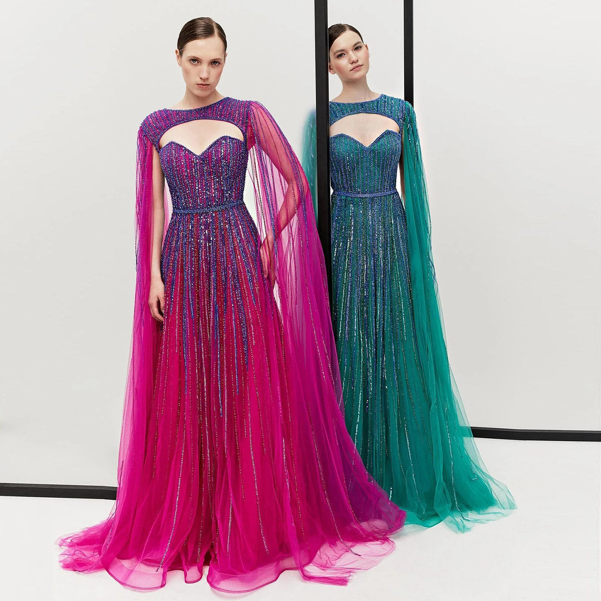 Luxury Fuchsia Evening Dress with Cape Sleeves SS386