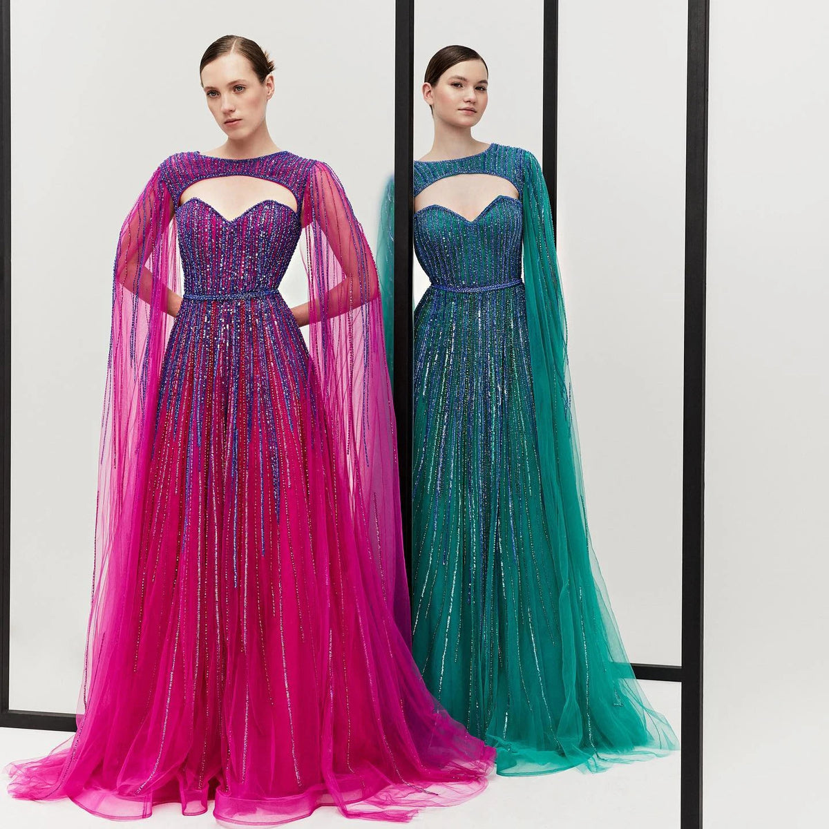 Luxury Fuchsia Evening Dress with Cape Sleeves SS386