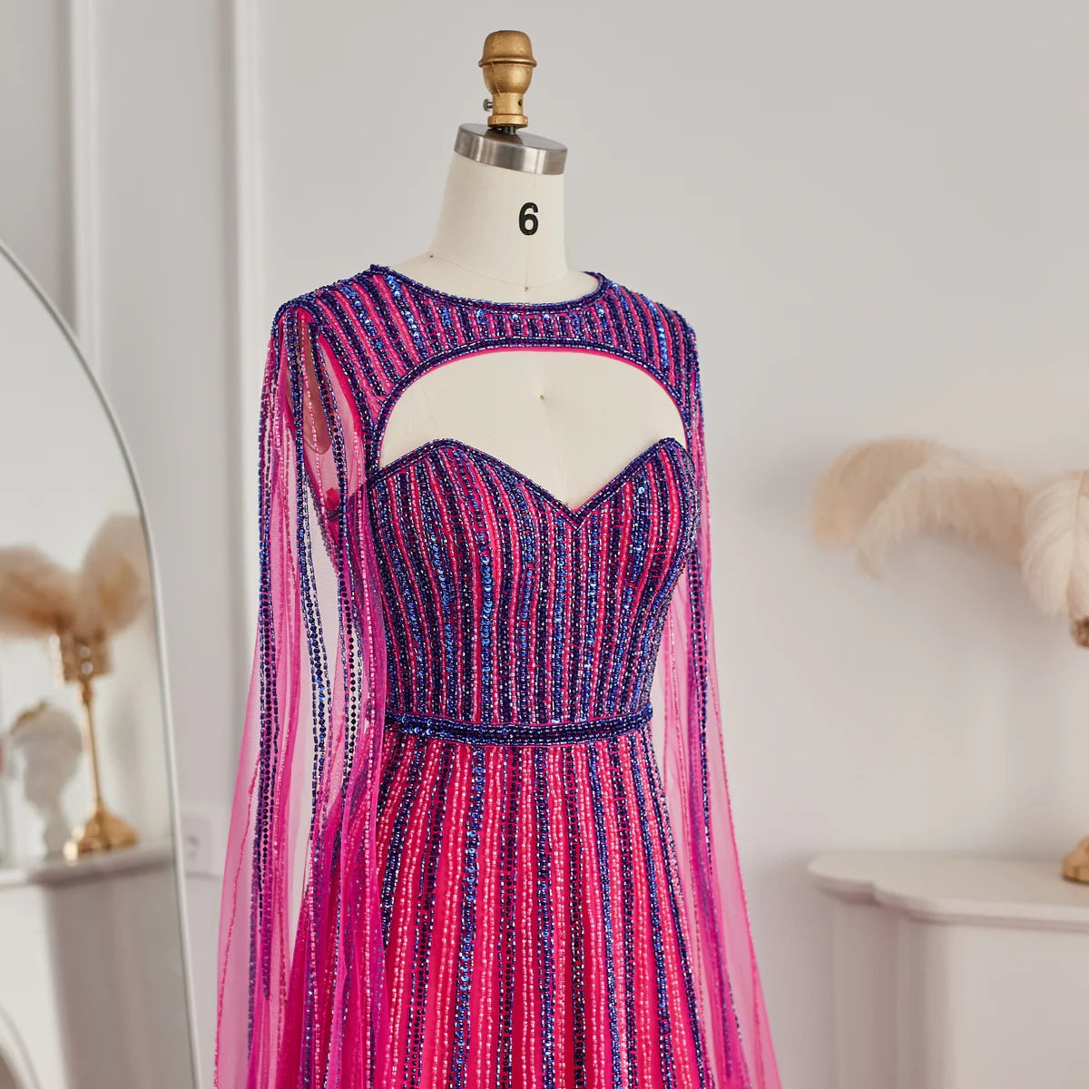 Luxury Fuchsia Evening Dress with Cape Sleeves SS386