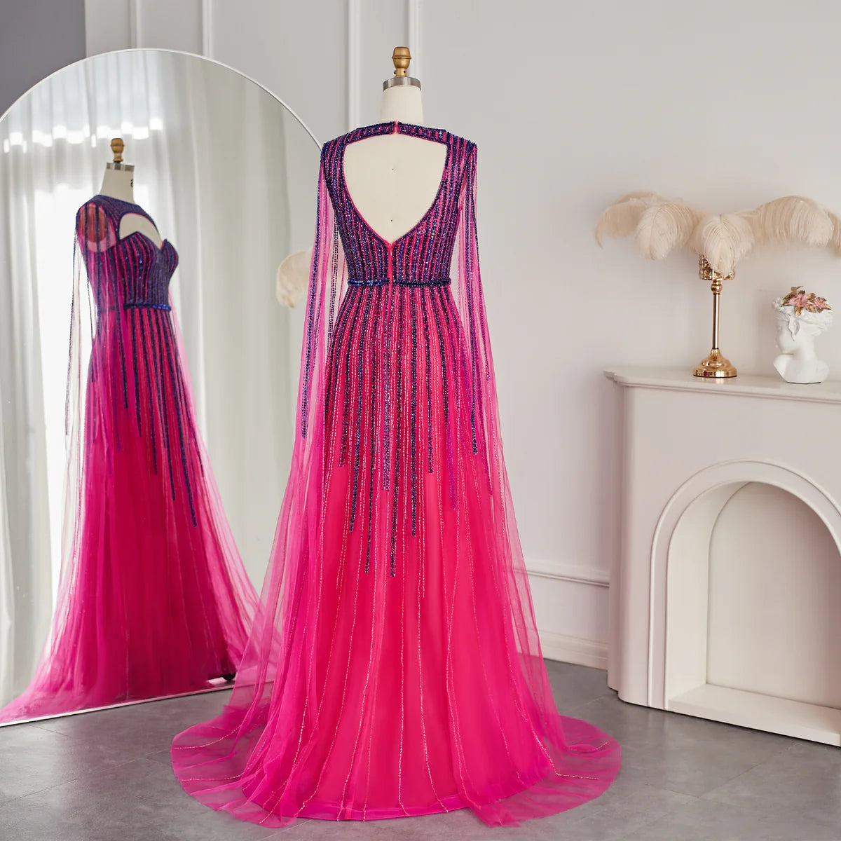 Luxury Fuchsia Evening Dress with Cape Sleeves SS386