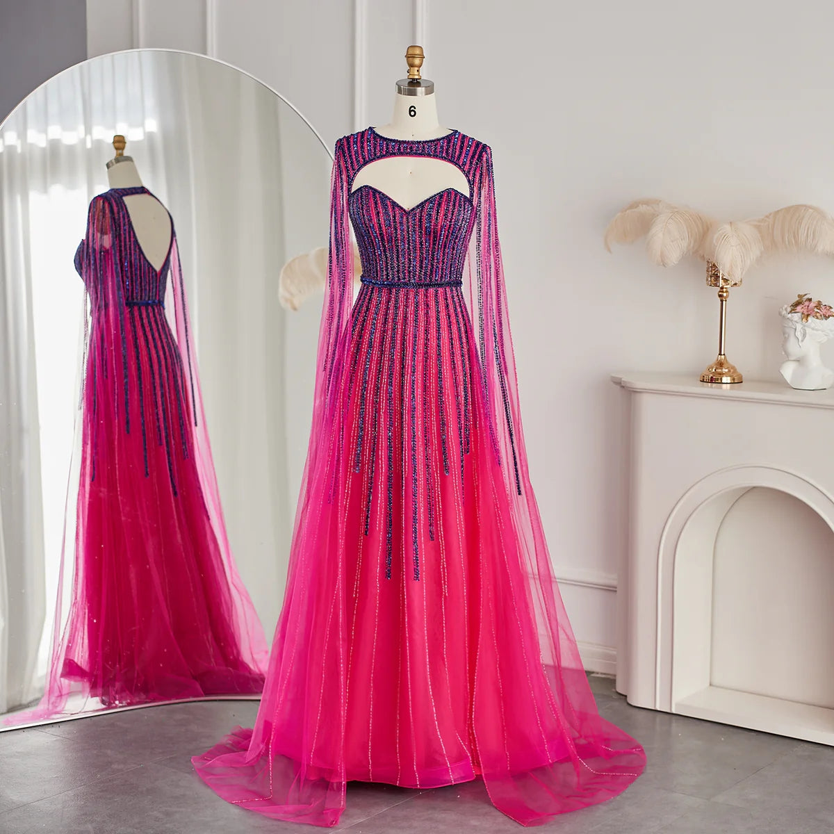 Luxury Fuchsia Evening Dress with Cape Sleeves SS386