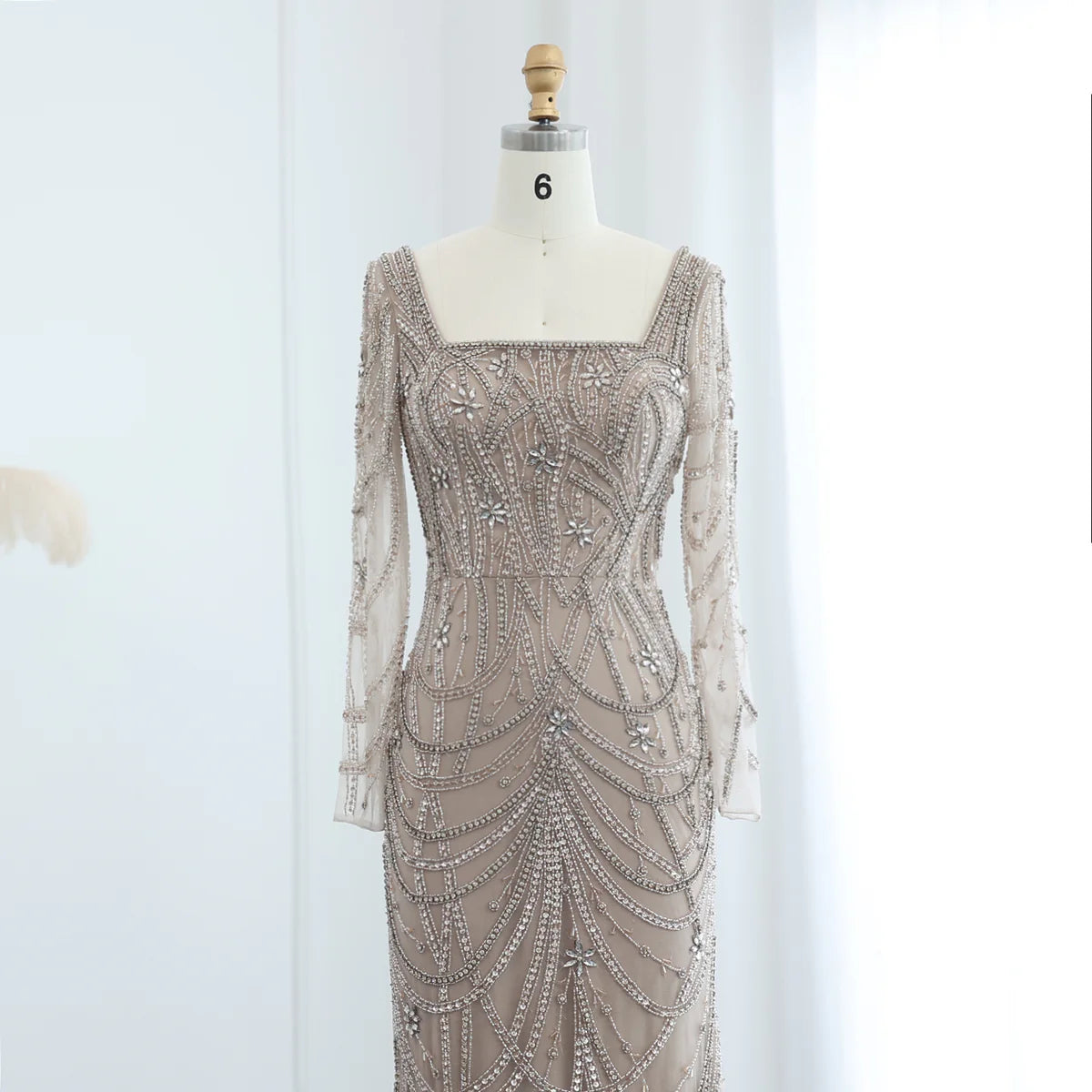 Luxury Green Long Sleeves Square Neck Evening Dress SS163