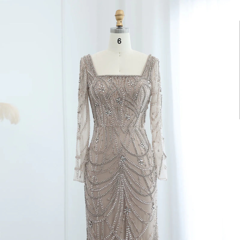 Luxury Green Long Sleeves Square Neck Evening Dress SS163
