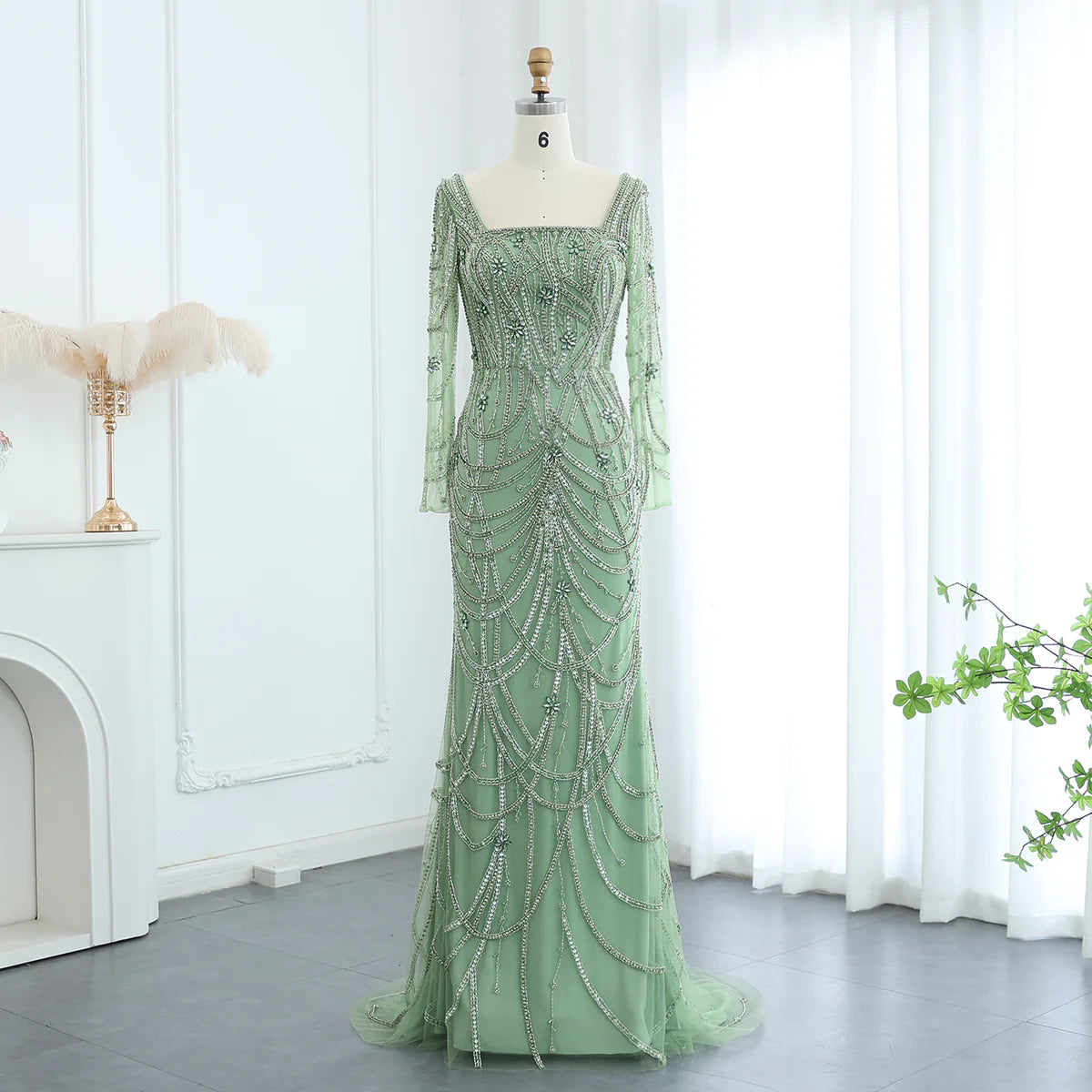Luxury Green Long Sleeves Square Neck Evening Dress SS163