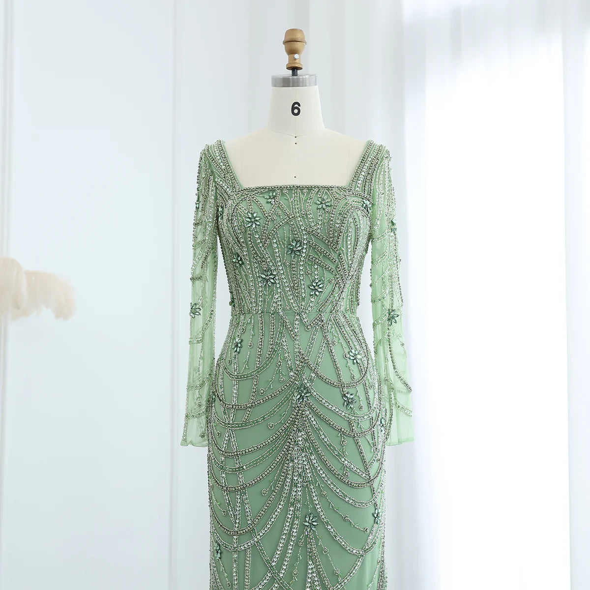 Luxury Green Long Sleeves Square Neck Evening Dress SS163