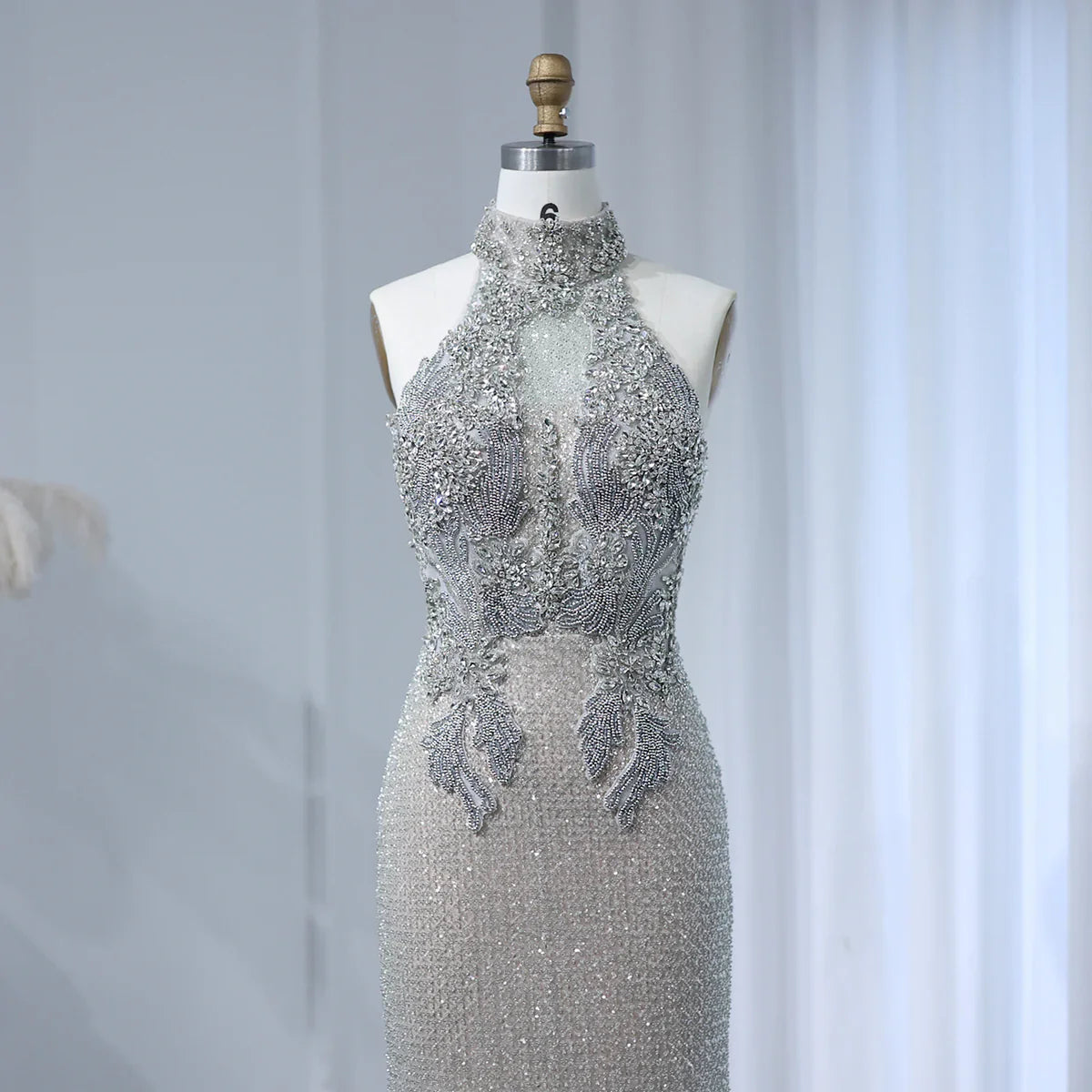 Luxury Halter Silver Nude Beaded Evening Dress SS408