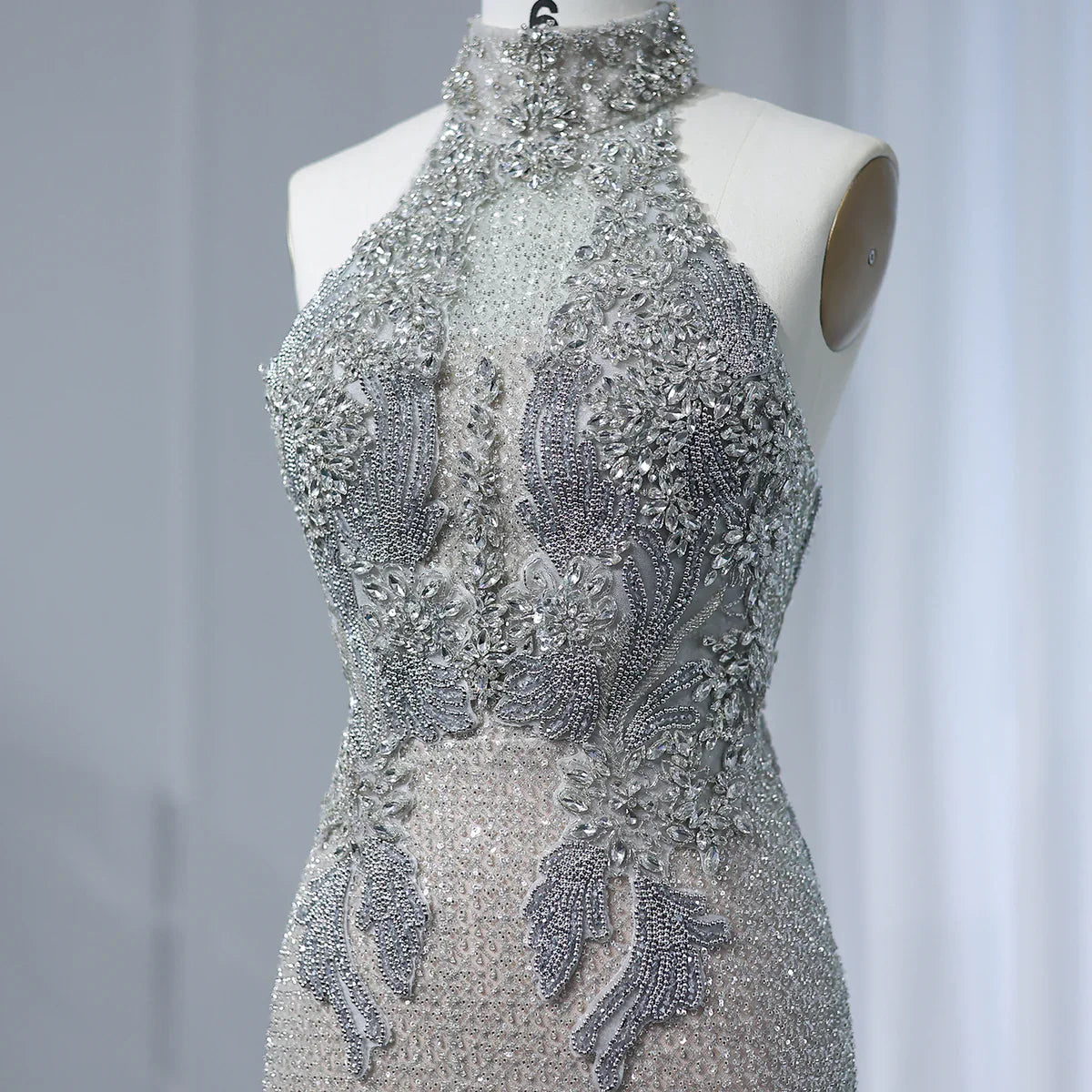 Luxury Halter Silver Nude Beaded Evening Dress SS408