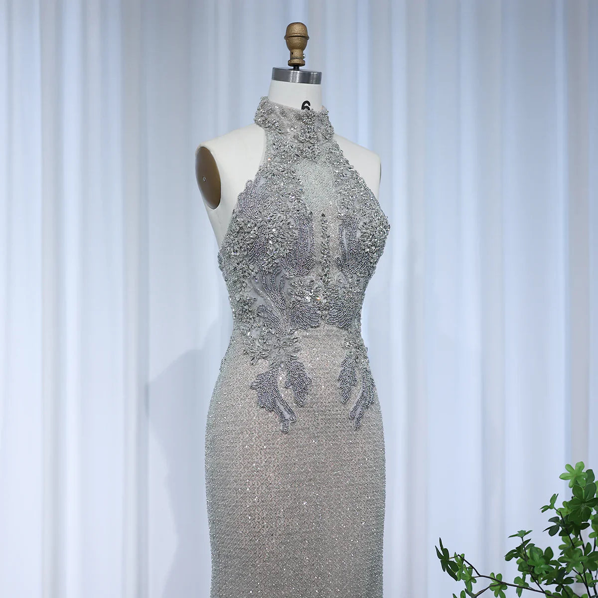 Luxury Halter Silver Nude Beaded Evening Dress SS408