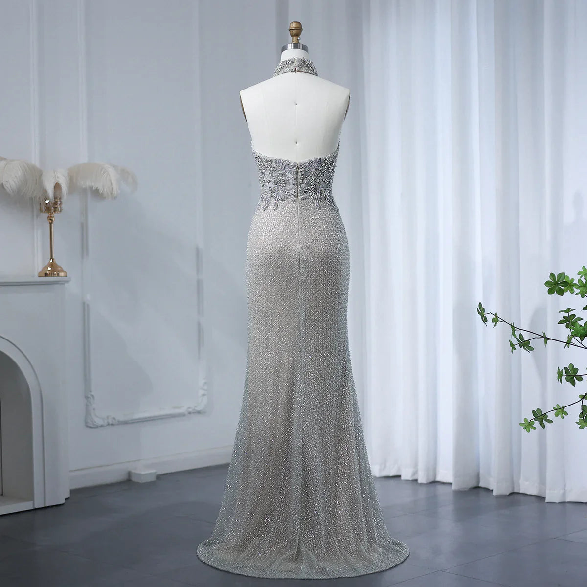 Luxury Halter Silver Nude Beaded Evening Dress SS408