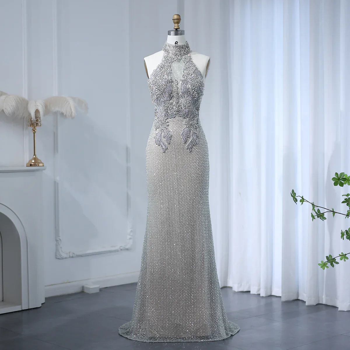 Luxury Halter Silver Nude Beaded Evening Dress SS408