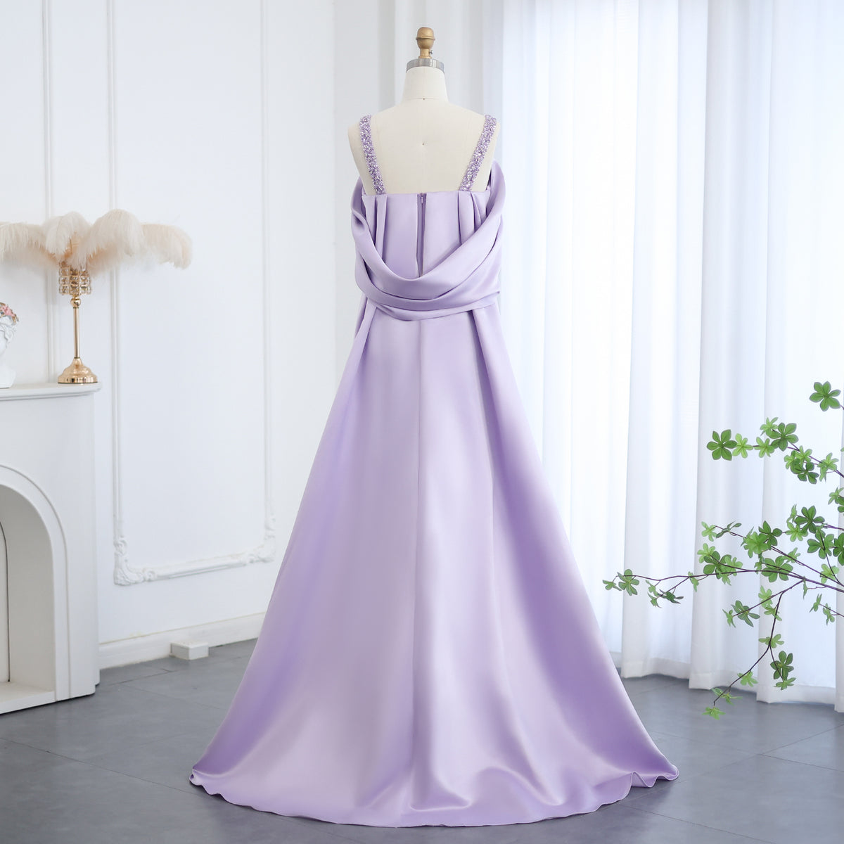 Luxury Lilac Beaded Off Shoulder Evening Dress with Cape SS341