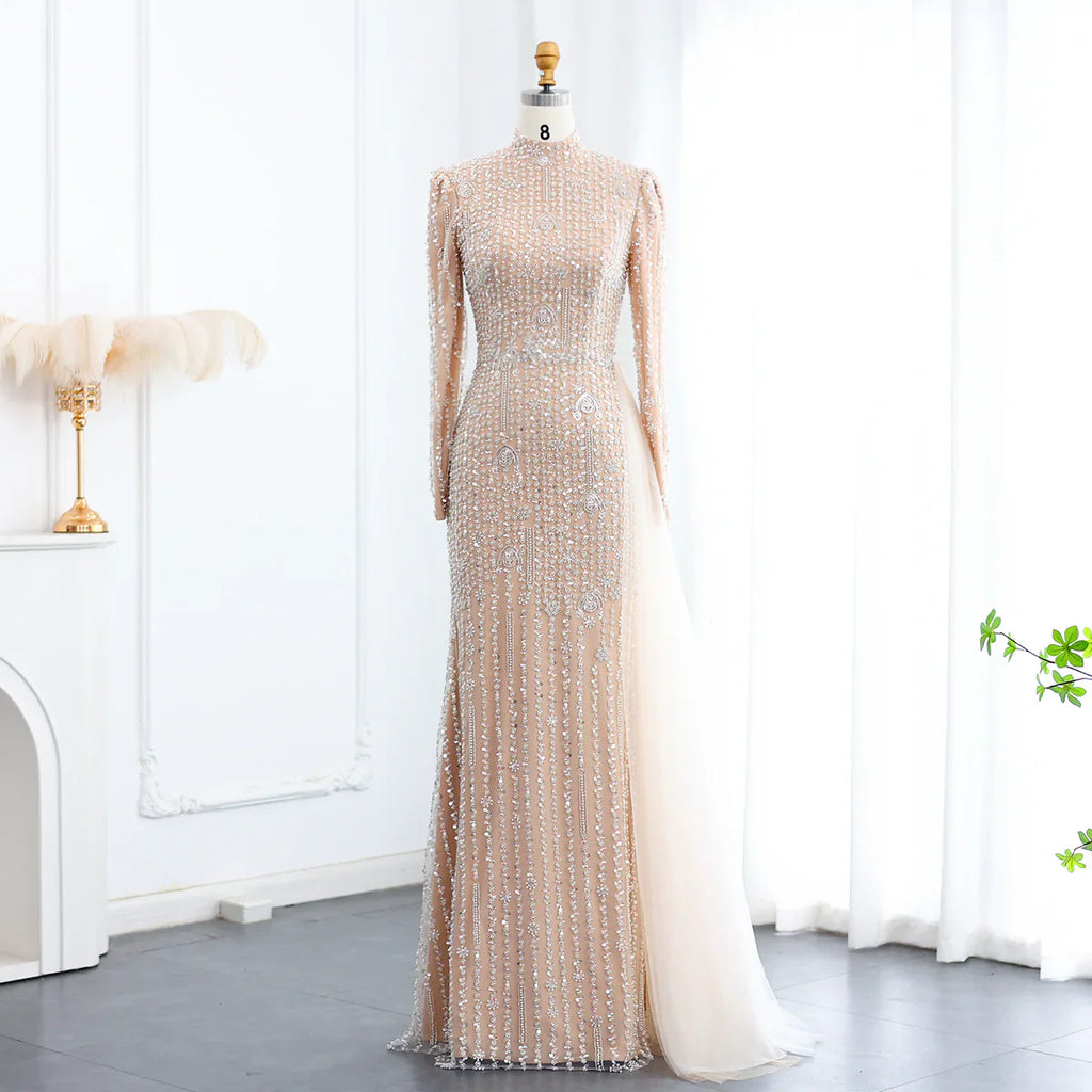 Luxury Long Sleeve Nude Evening Dress with Overskirt SS678 – Jill Wish