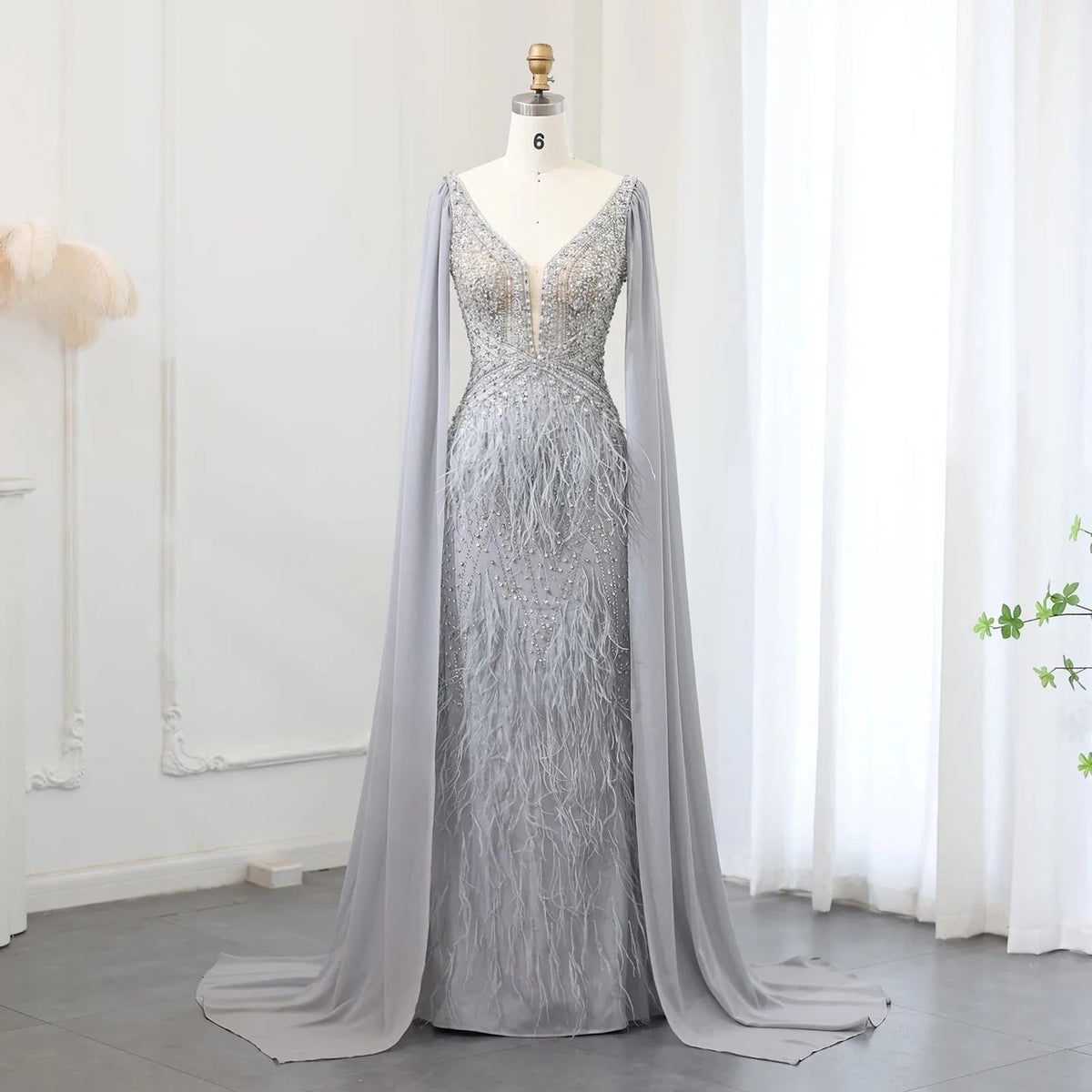 Luxury Mermaid Blue Feathers Evening Dress with Cape Sleeve Backless Prom Dresses for Women Wedding Party Gowns SS027