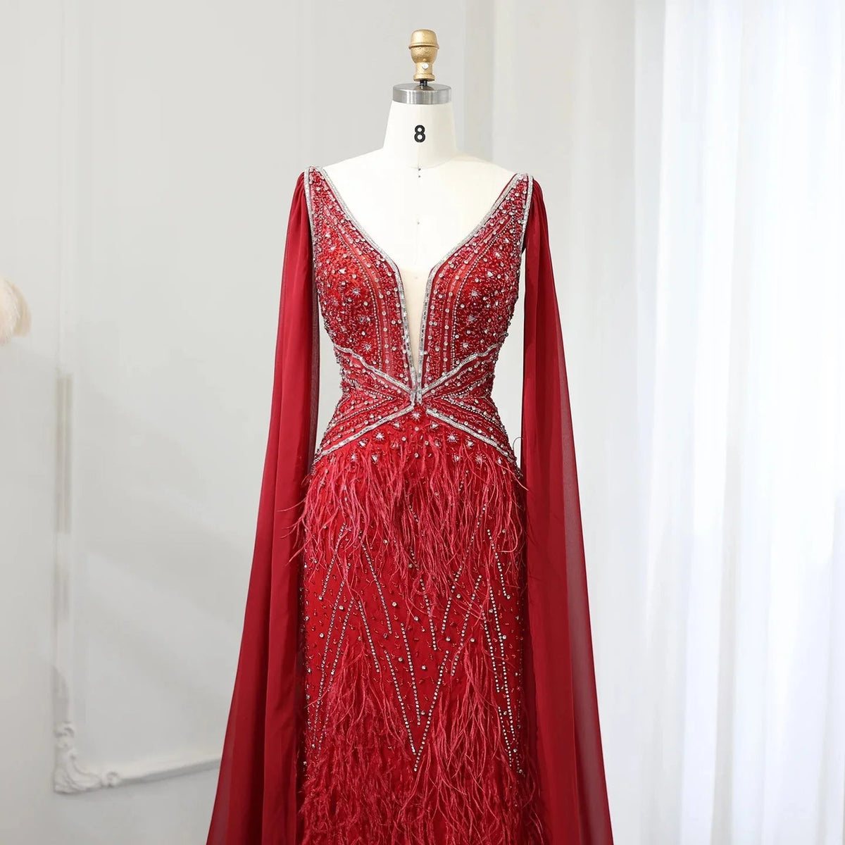 Luxury Mermaid Blue Feathers Evening Dress with Cape Sleeve Backless Prom Dresses for Women Wedding Party Gowns SS027
