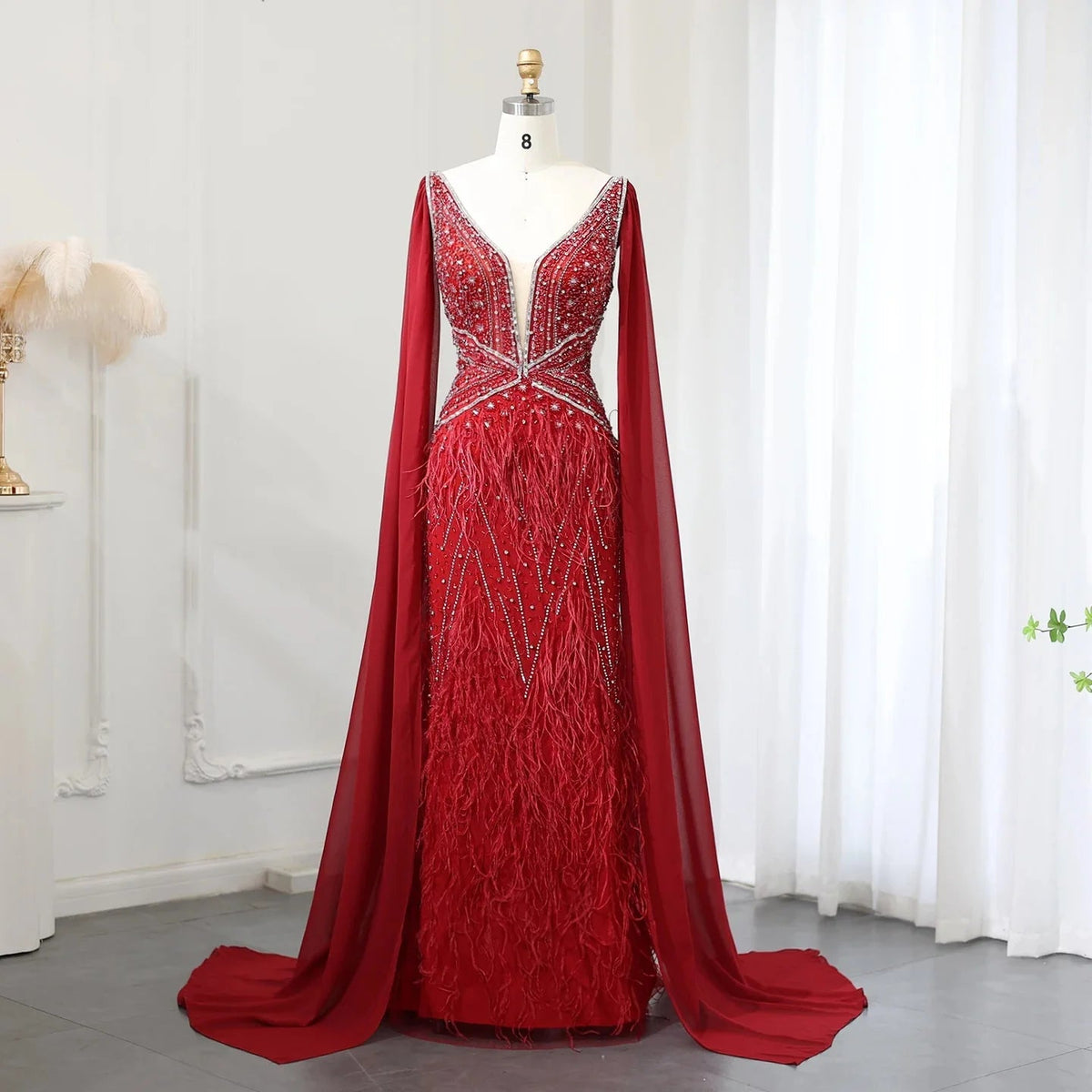 Luxury Mermaid Blue Feathers Evening Dress with Cape Sleeve Backless Prom Dresses for Women Wedding Party Gowns SS027