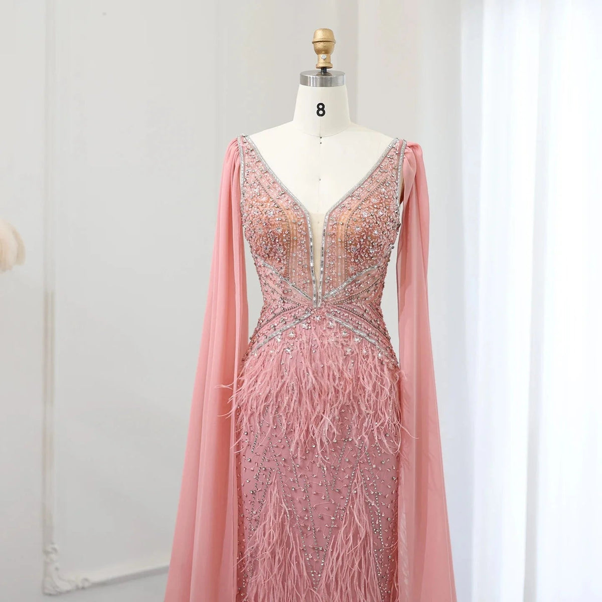 Luxury Mermaid Blue Feathers Evening Dress with Cape Sleeve Backless Prom Dresses for Women Wedding Party Gowns SS027