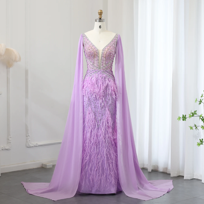 Luxury Mermaid Blue Feathers Evening Dress with Cape Sleeve Backless Prom Dresses for Women Wedding Party Gowns SS027