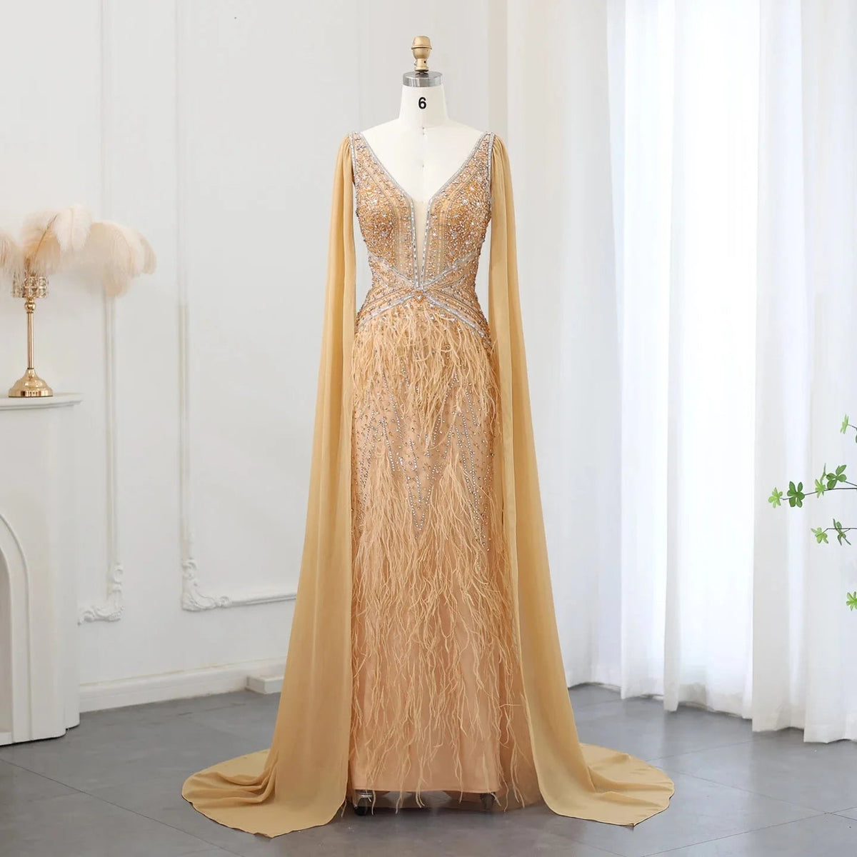Luxury Mermaid Blue Feathers Evening Dress with Cape Sleeve Backless Prom Dresses for Women Wedding Party Gowns SS027