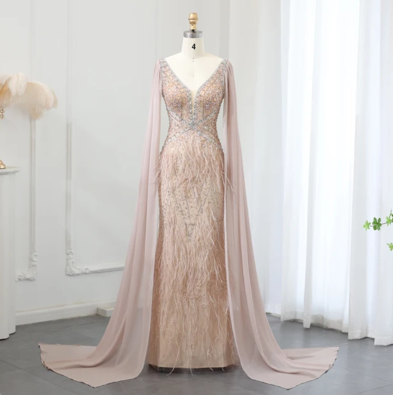 Luxury Mermaid Blue Feathers Evening Dress with Cape Sleeve Backless Prom Dresses for Women Wedding Party Gowns SS027