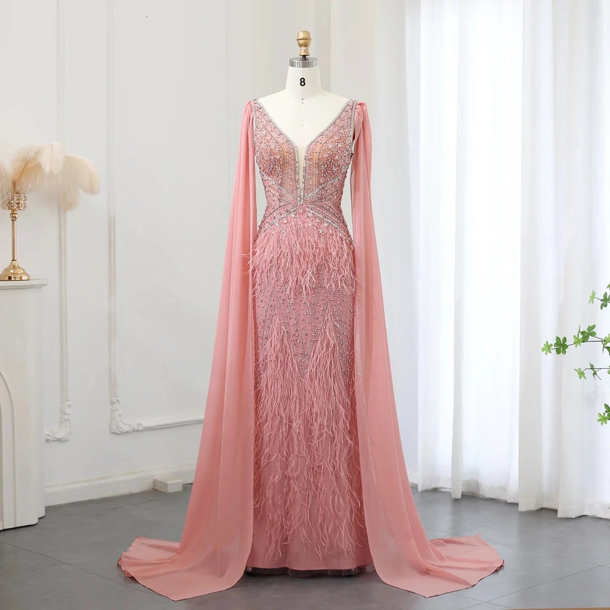 Luxury Mermaid Blue Feathers Evening Dress with Cape Sleeve Backless Prom Dresses for Women Wedding Party Gowns SS027