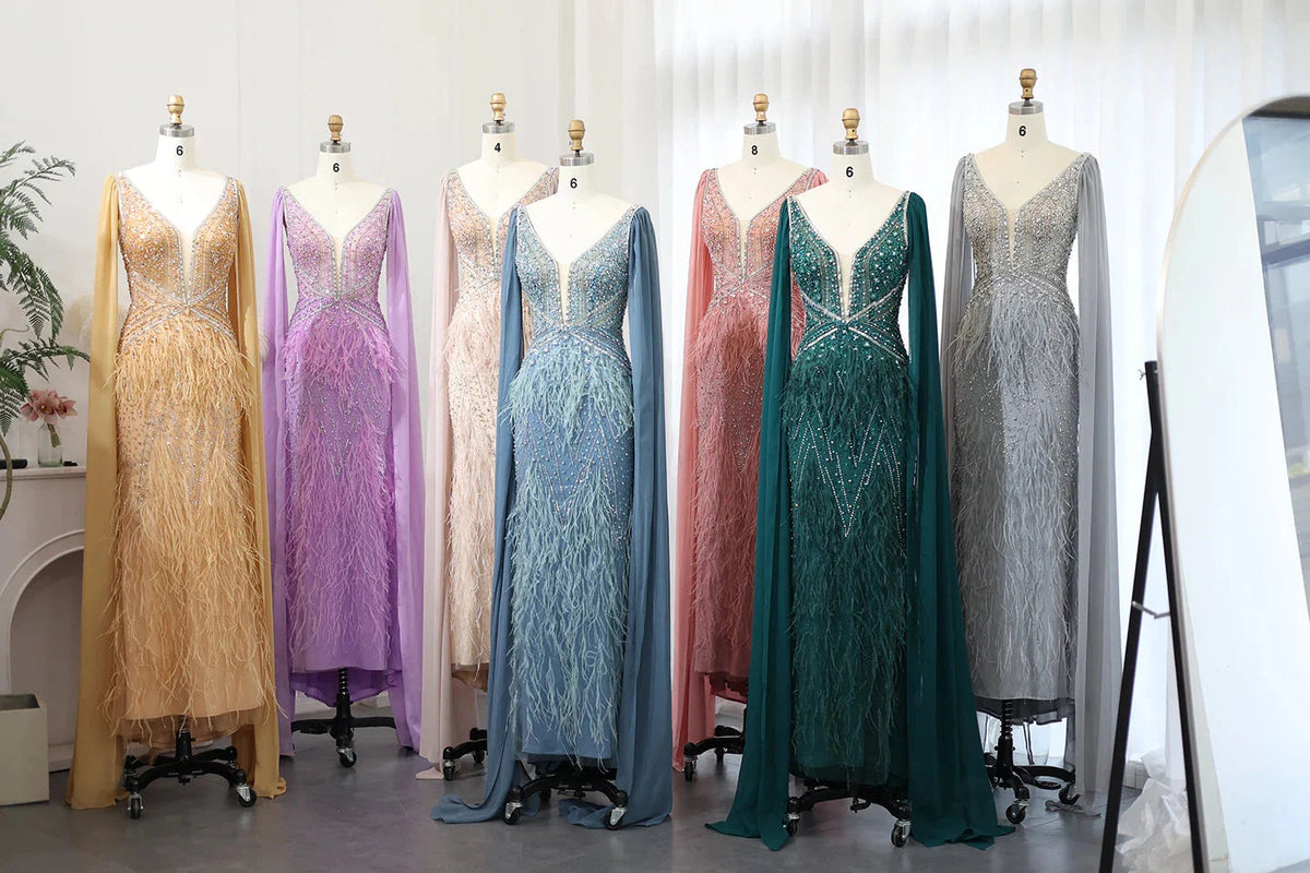 Luxury Mermaid Blue Feathers Evening Dress with Cape Sleeve Backless Prom Dresses for Women Wedding Party Gowns SS027