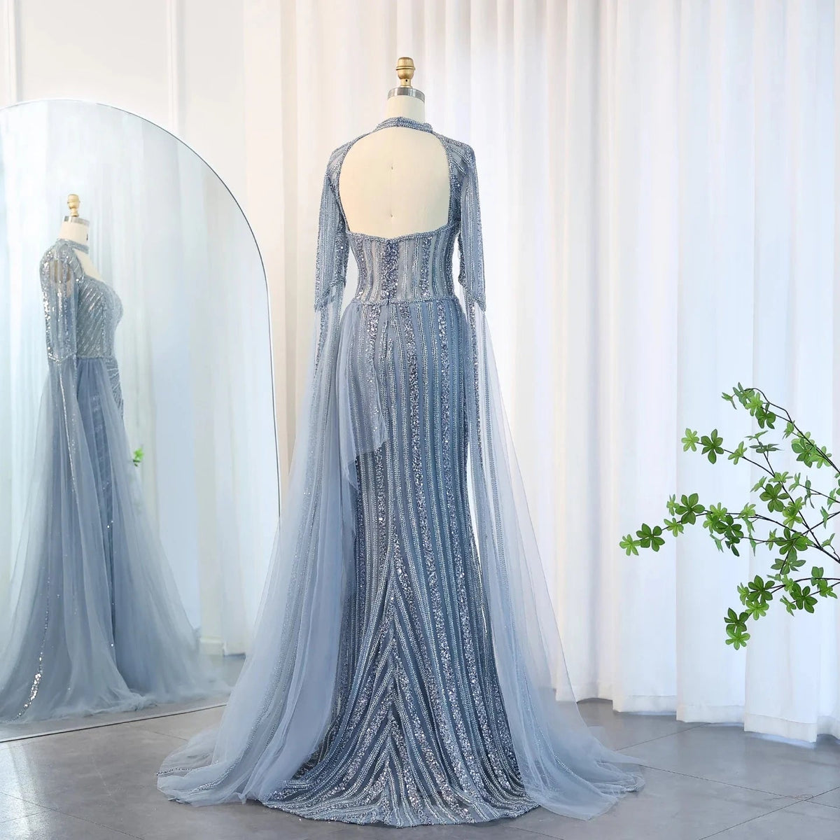 Luxury Mermaid Dusty Pink Evening Dress with Cape Sleeves Slit Elegant Yellow Blue Women Wedding Party Gowns SS003